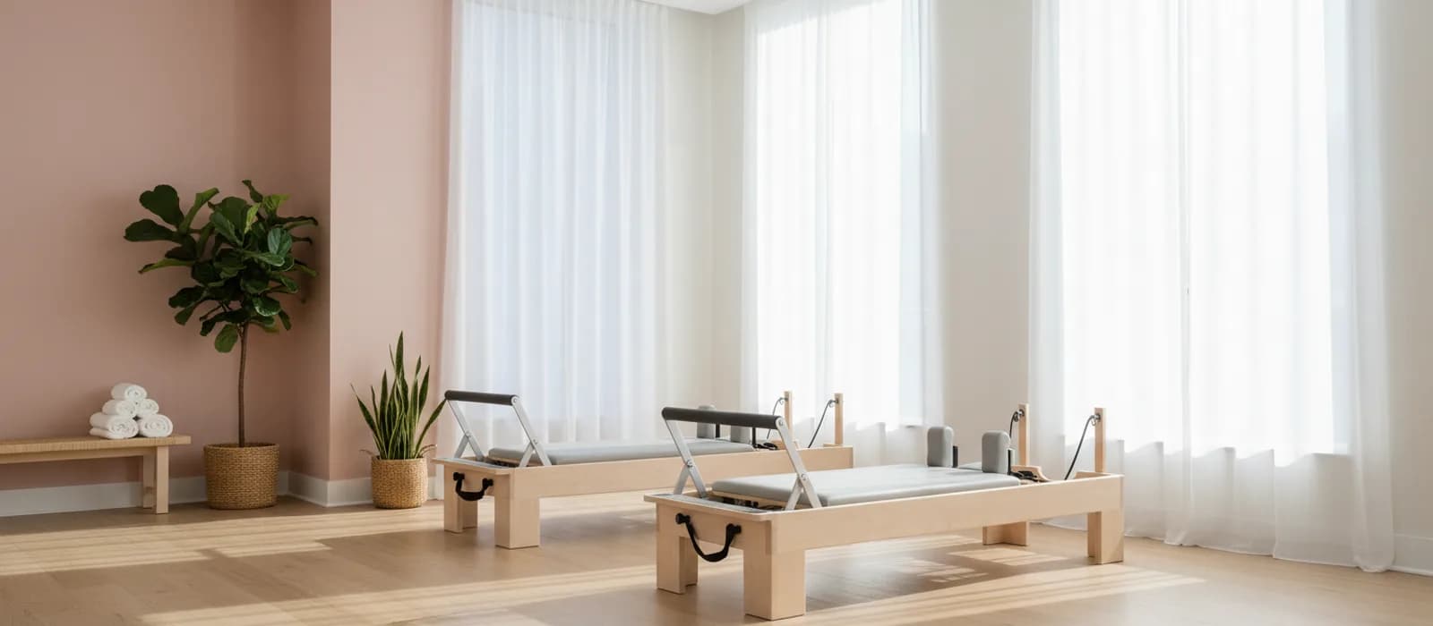 The studio: two reformers, tall curtained windows and a blush wall.